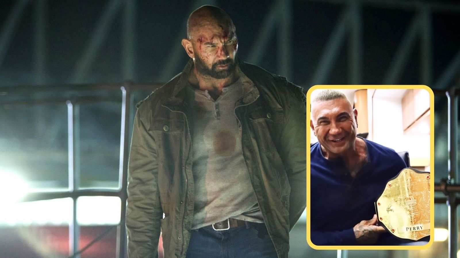 戴夫·巴蒂斯塔 (Dave Bautista) 將世界重量級冠軍腰帶複製品贈送給《殺手遊戲》總監 JJ·佩里 (JJ Perry)