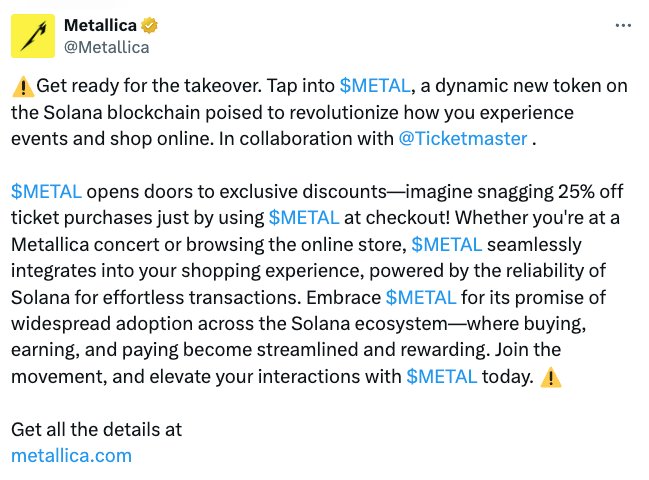 Metallica X Account Hacked, METAL Token Rug Pulled After Band Announces Fortnite Collaboration