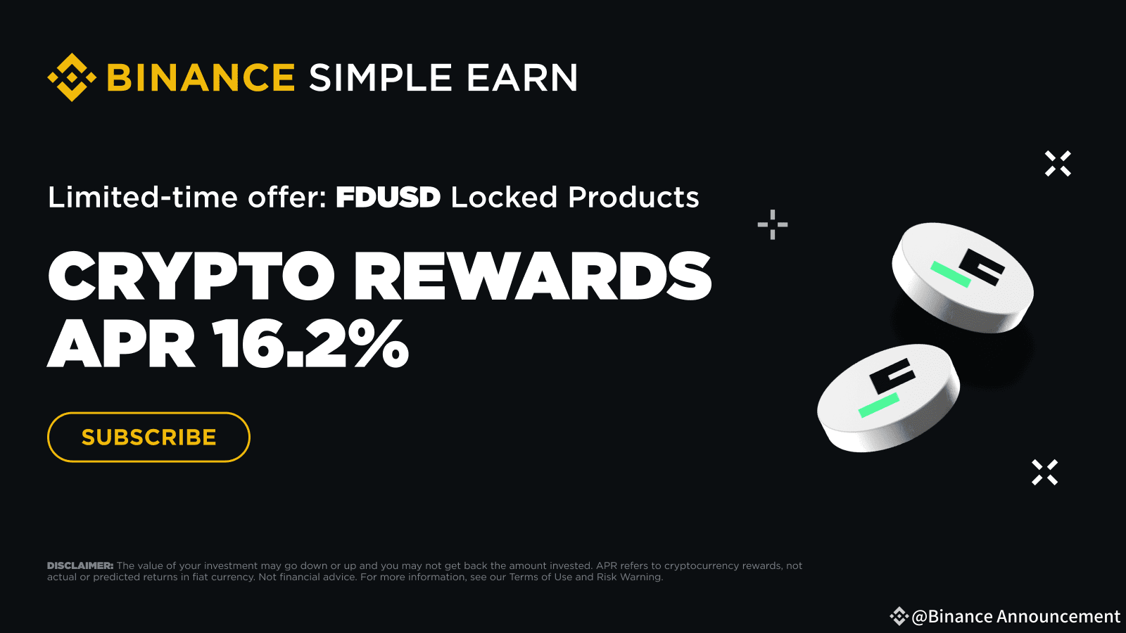 Binance Simple Earn推出FDUSD固定利率鎖定產品新一輪促銷，年化利率16.2%