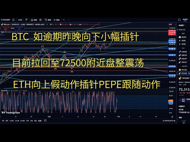 Bitcoin today's market, btc strategy trend analysis, BTC, if it is overdue, the pin dropped slightly last night and is currently pulling back to around 72,500 to consolidate and fluctuate. ETH fakes upward, pin PEPE follows the action.