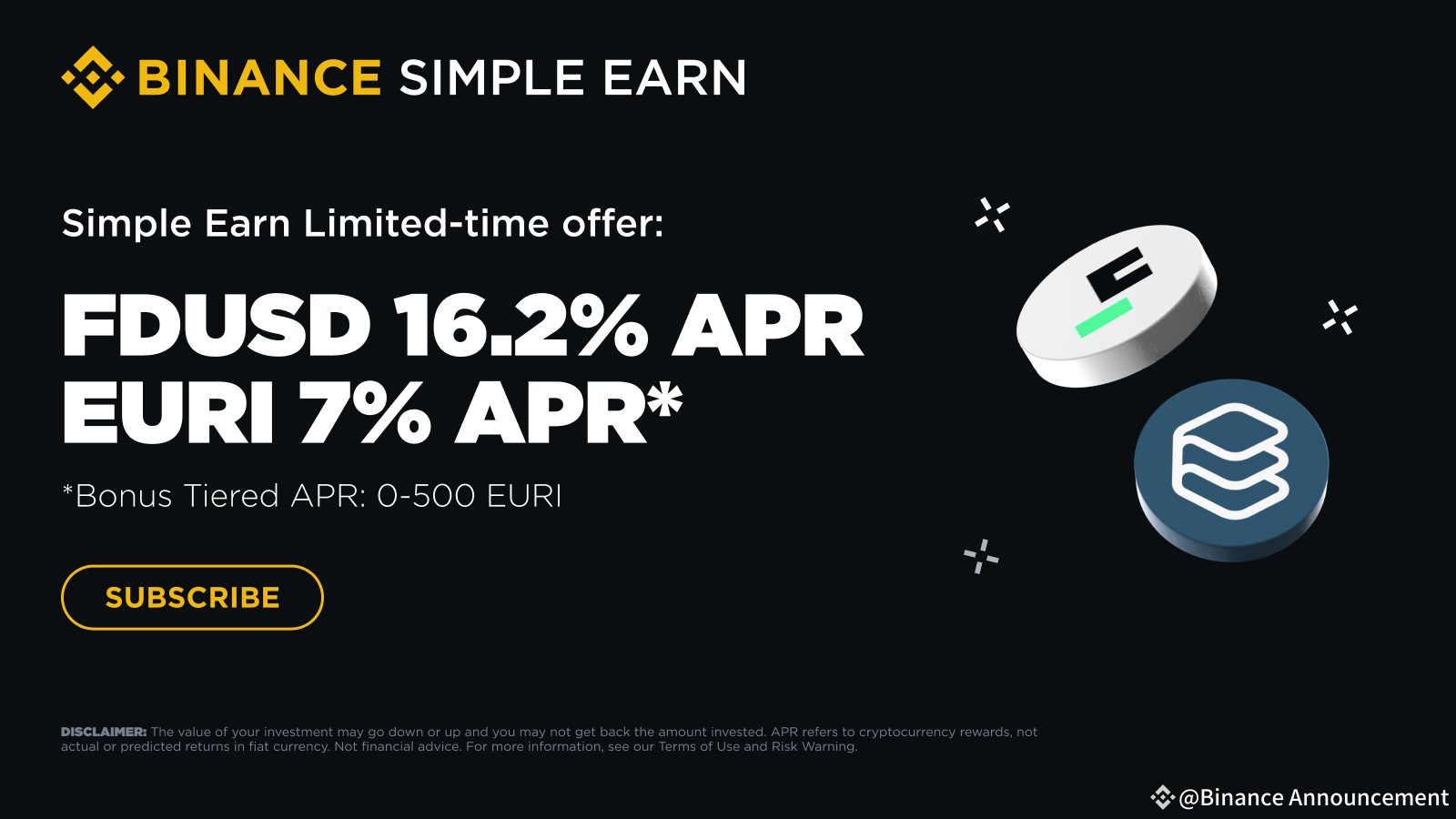 Enjoy up to 16.2% APR With FDUSD and 7% APR With EURI Simple Earn Products