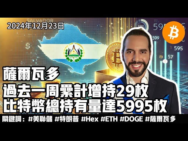 薩爾瓦多過去一周累計增持29枚比特幣，總持有量達5995枚.2024年12月23日比特幣資訊差