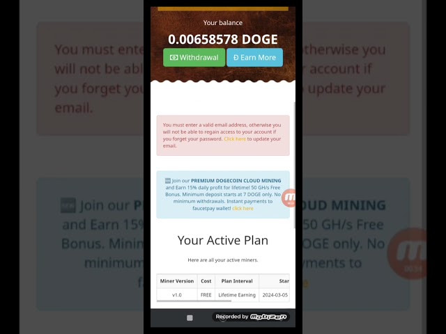 Paiement par portefeuille instantané Doge Mining. Retrait d'actions de robinet