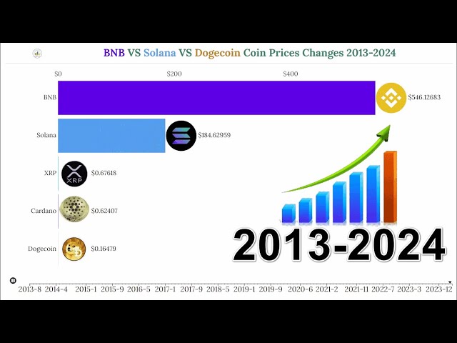 BNB VS 솔라나 VS 도지코인 코인 가격 변동 2013-2024