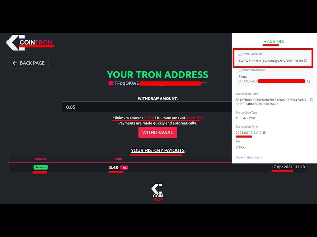 正在付款！ Coin Tron 新投资挖矿，最低存款 5 TRX 我检查提款！