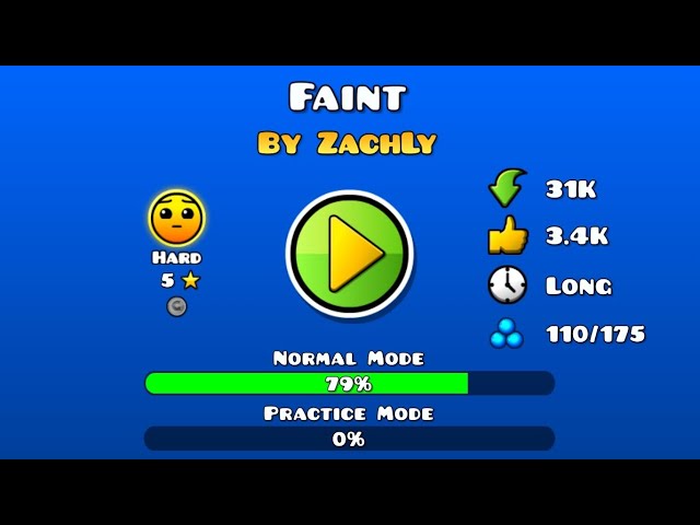 Geometry Dash - Faint, par ZachLy. Difficile 5 étoiles ⭐ 100% terminé 1 pièce. GG !.