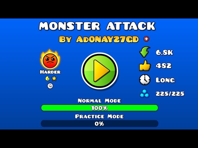 Geometry Dash - 괴물 공격, 작성자: AdONAY27GD. 더 어려운 6성 ⭐ 1 코인. 100% 컴플리타도 GG.