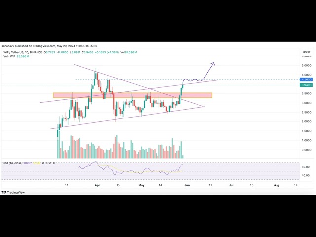 Dogwifhat(WIF) 가격이 둘째 날 12% 급등, 새로운 ATH 곧?