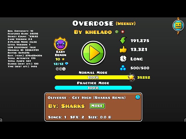 Overdose By Khelado 100% With Last Coin Geometry Dash Weekly Demon.