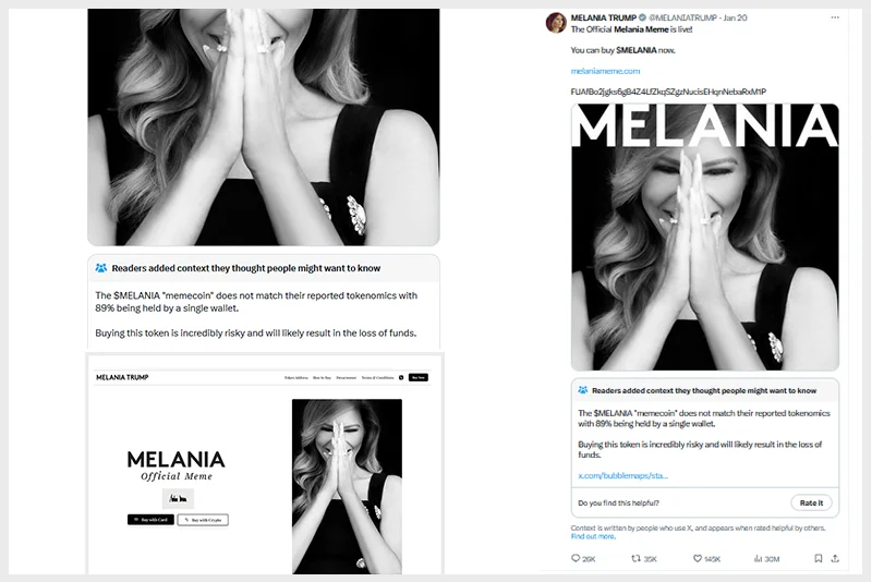 メラニア・トランプの仮想通貨$MELANIAにイーロン・マスク所有のソーシャルメディアプラットフォームXが危険信号