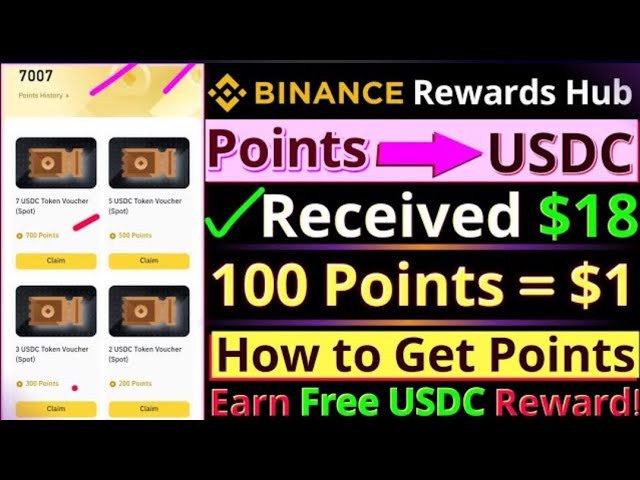 Binance는 USDC 토큰 바우처 ||를 가리 킵니다 포인트를 얻는 방법 || Binance 보상 허브 || 무료 암호를 받으십시오