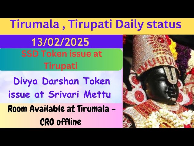 Tirumala SSD Token, Divya Darshan Token Offline Room Disponibilité. Statut quotidien le 13/02/2025