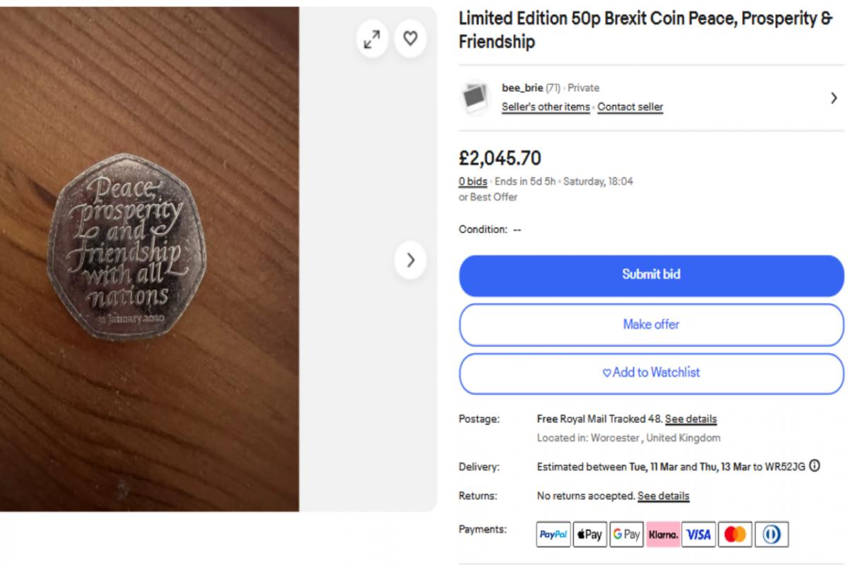 「非常にまれな」限定版のBrexit Coinは、ウスター在住の居住者によって2000ポンド以上で販売されています。