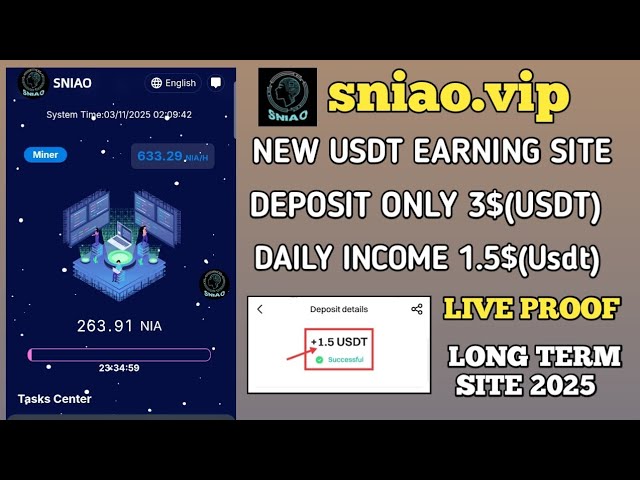 sniao.vip | New Airdrop + USDT Best Mining 웹 사이트 출시 일일 15000nia 토큰 (코인) = 1.5 $ (USDT