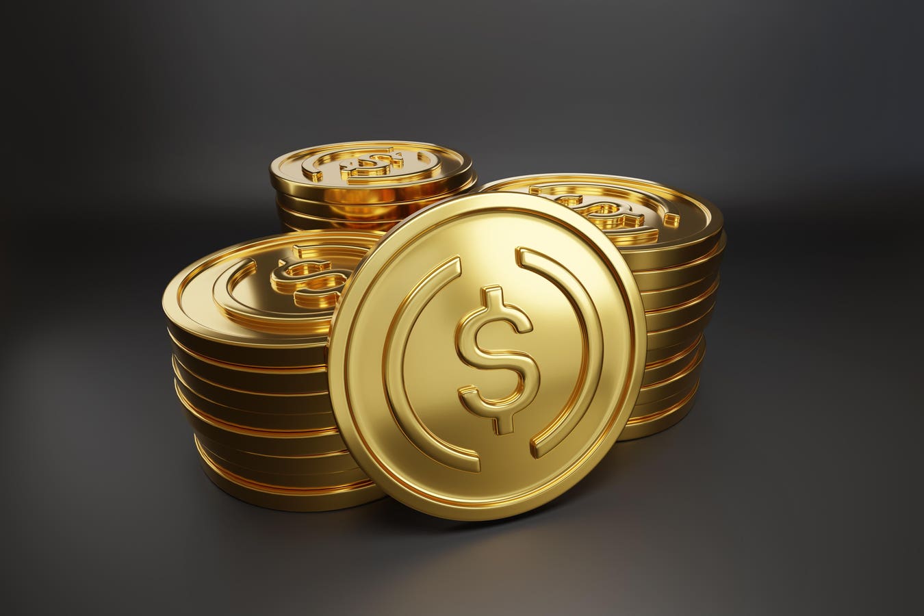 Golden USDC coins on dark background. 3d iluustration.